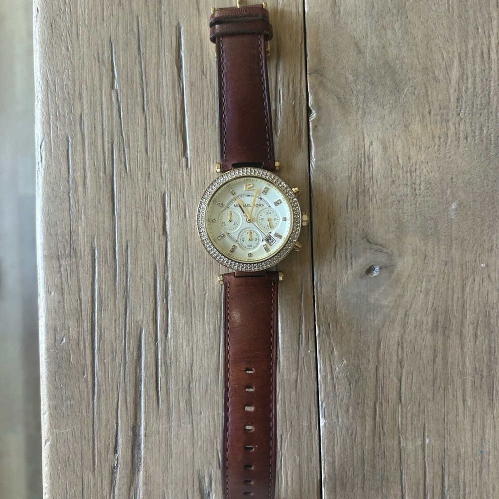 Michael Kors Gold-Tone Watch with Brown Leather Strap